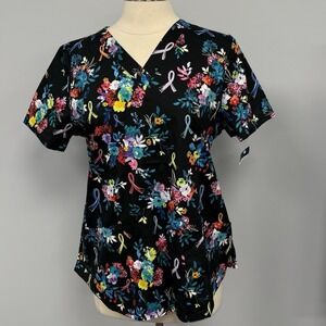 NWT Cherokee Awareness Ribbons Scrub Top M Black Floral Cotton Scrubs Uniform